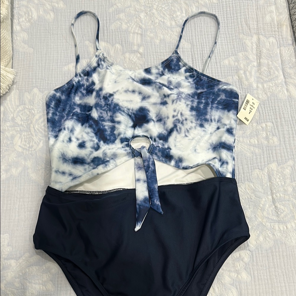 Aeropostale Blue and White One Piece Swimsuit with Tie-Dye Design
